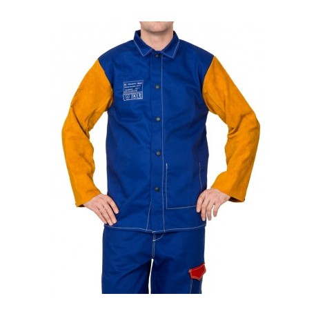 Weldas proban welder's jacket blue leather sleeves